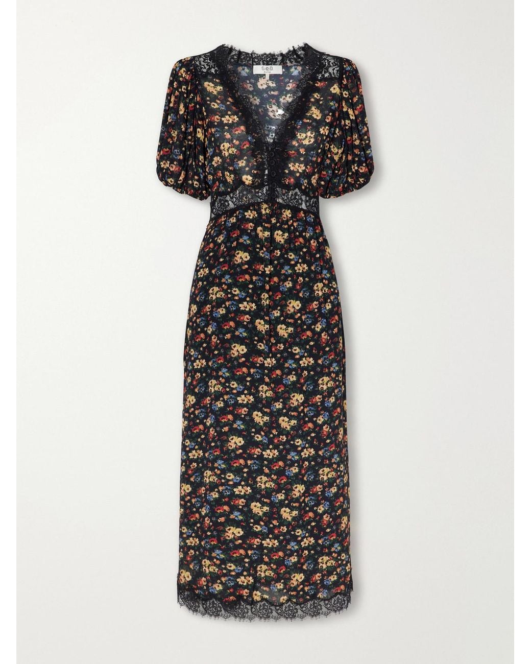 Sea Black Kaiya Floral-Print Lace-Trimmed Crepe De Chine Midi Dress