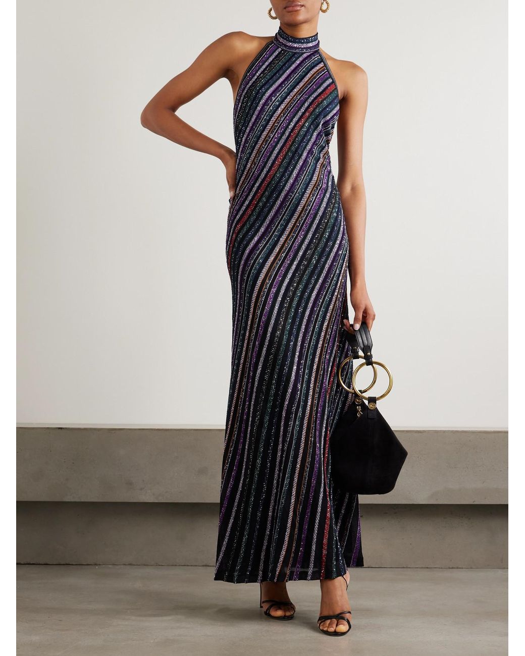Missoni Sequined Striped Crochet-Knit Halterneck Maxi Dress in Blue | Lyst