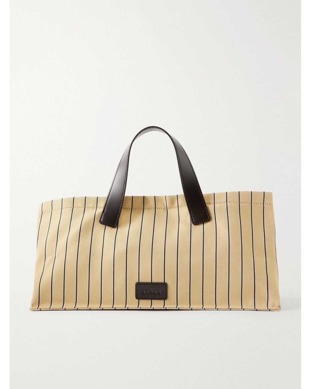 Staud Natural Port Logo-Embossed Leather-Trimmed Striped Canvas Tote