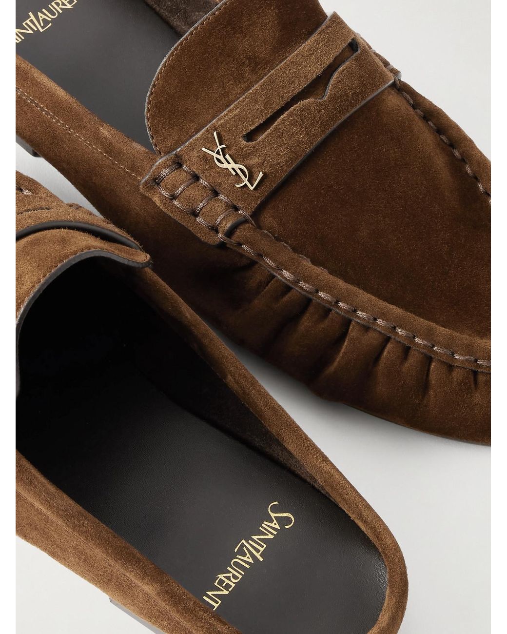 Saint Laurent Brown Le Loafer Cassandre-Embellished Suede Mules