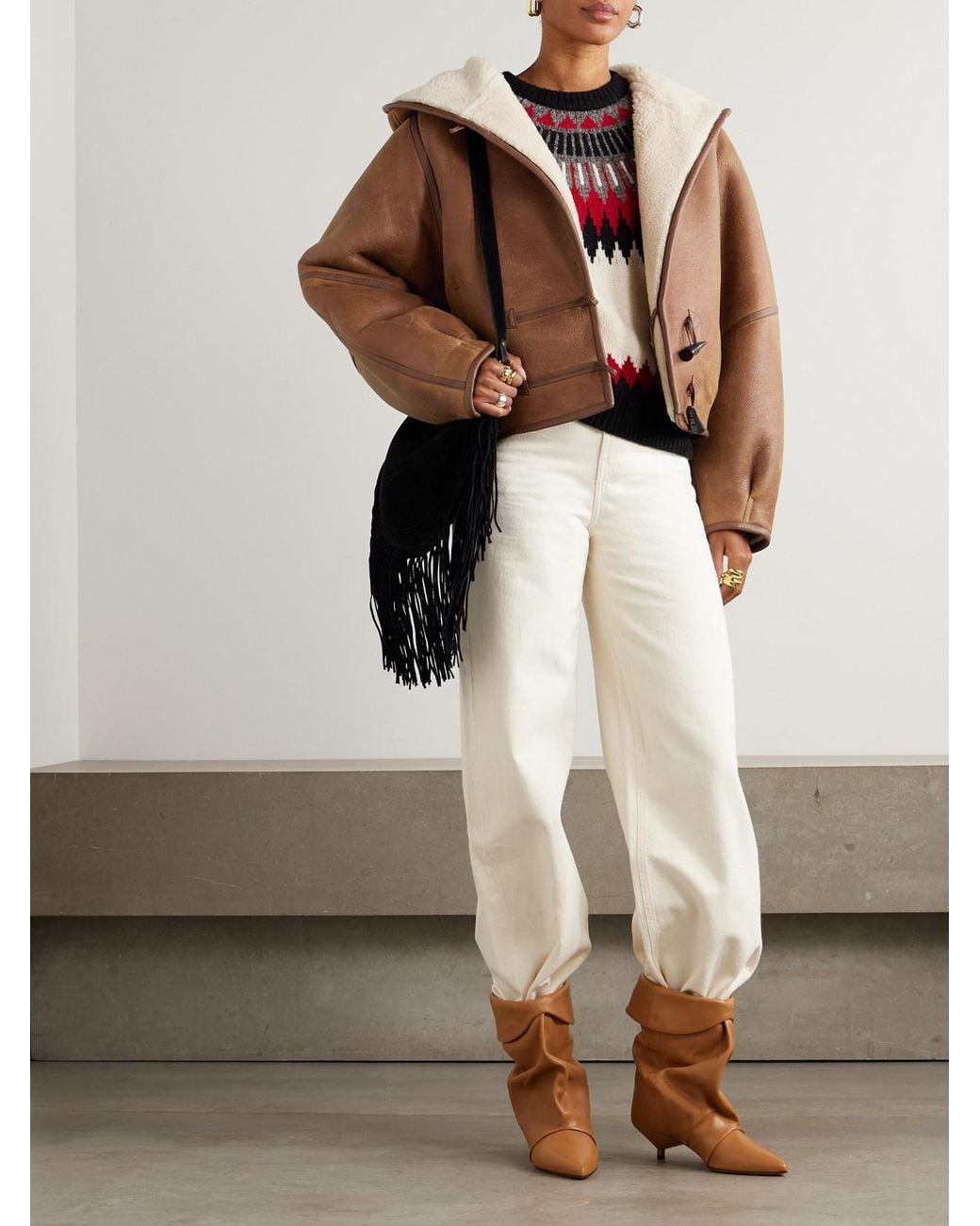 Isabel Marant Brown Amiel Leather-Trimmed Shearling Hooded Jacket