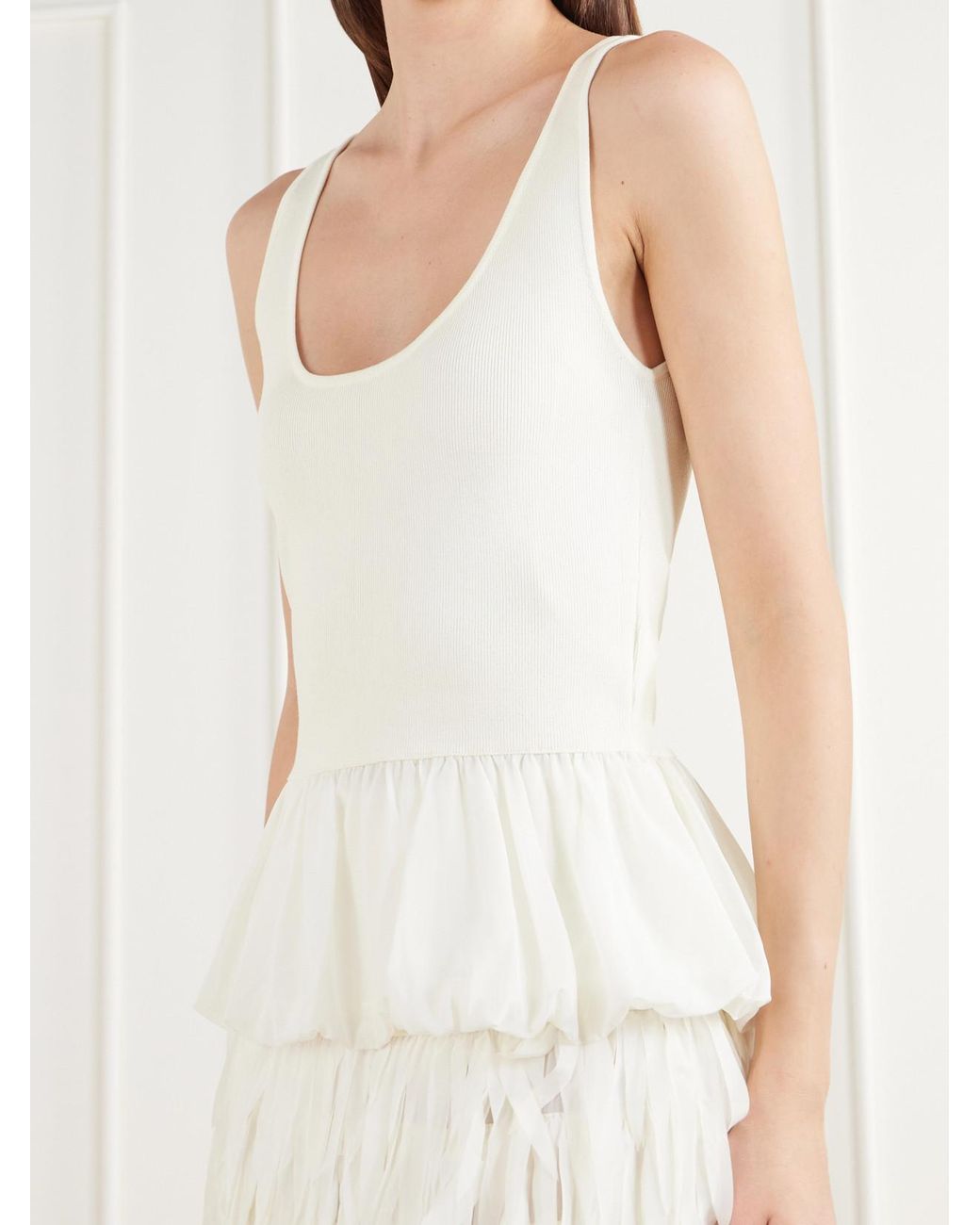 St. Agni White Balloon Ballet Gathered Chiffon-Trimmed Ribbed Tank