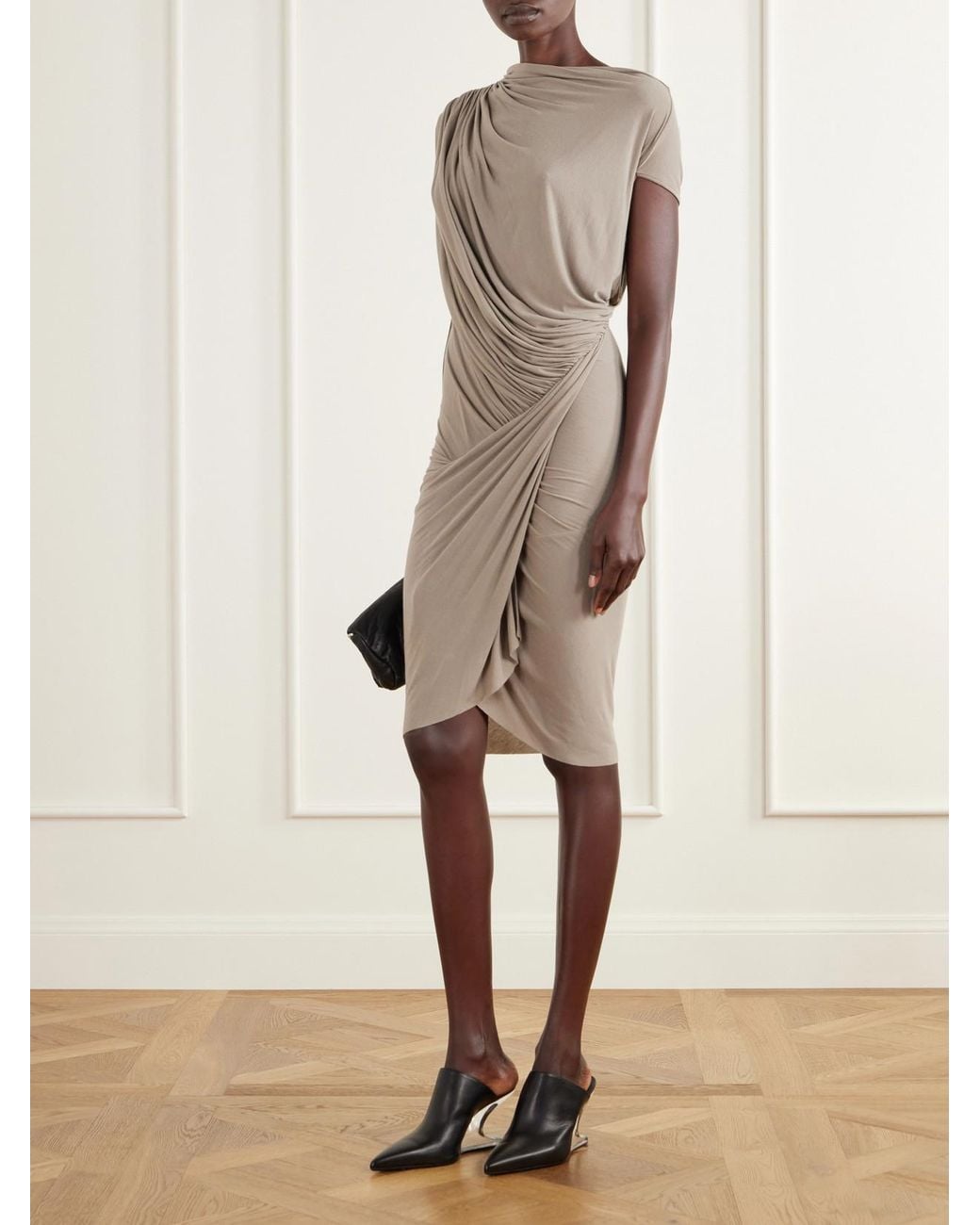 Rick Owens Natural Ares Asymmetric Draped Gathered Stretch-Jersey Mini Dress