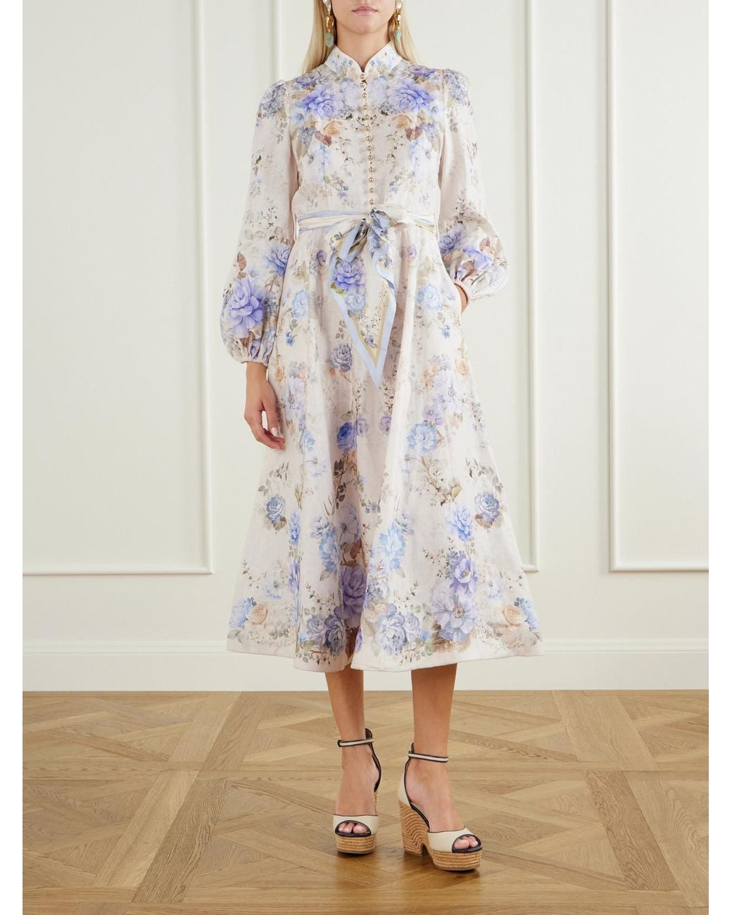 Zimmermann White Floral-Print Linen Midi Dress