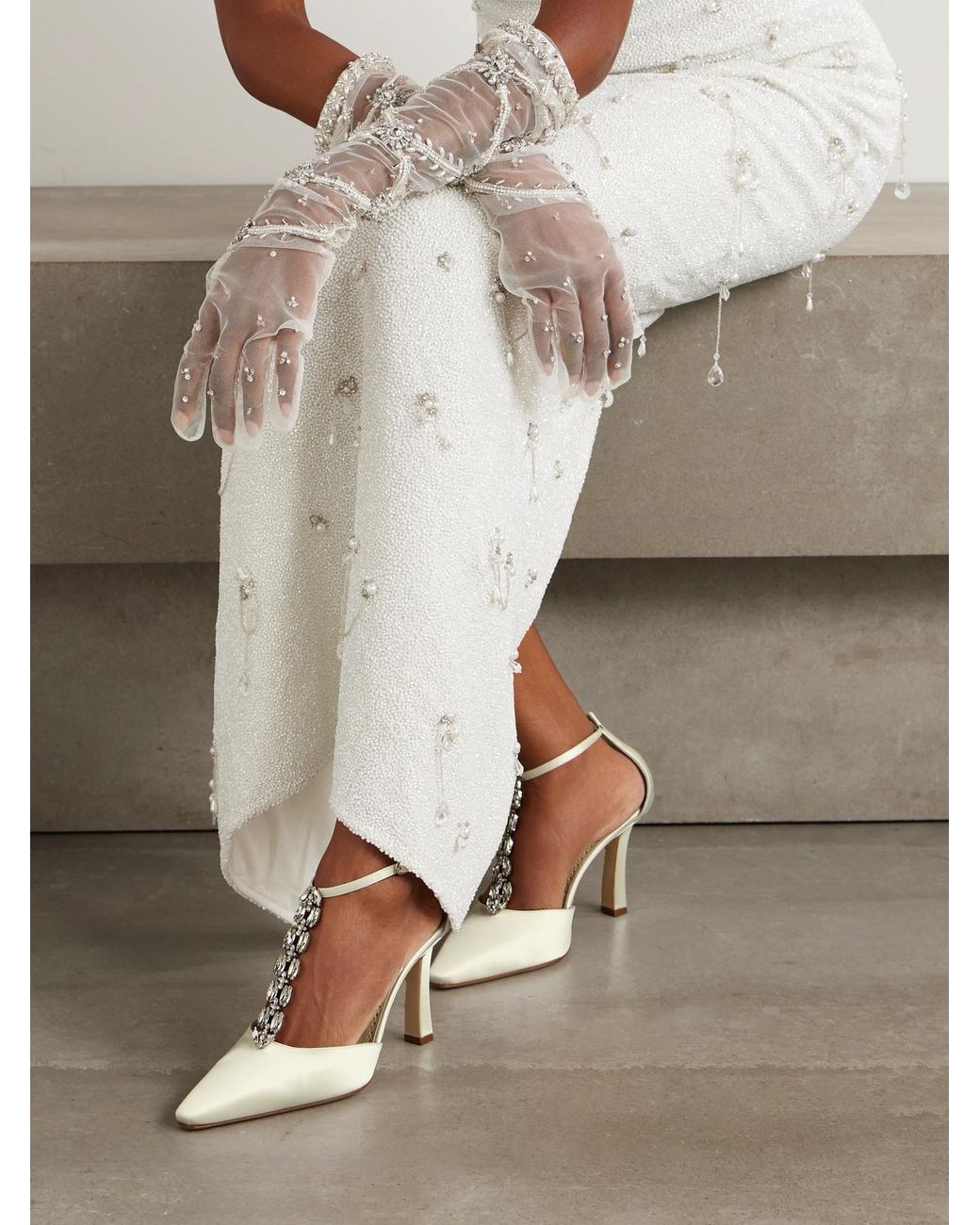 Manolo Blahnik Molara 105 Crystal-Embellished Satin Pumps in White