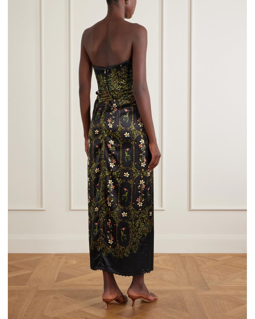 Agua Bendita Black Floral-Print Embellished Satin Midi Dress