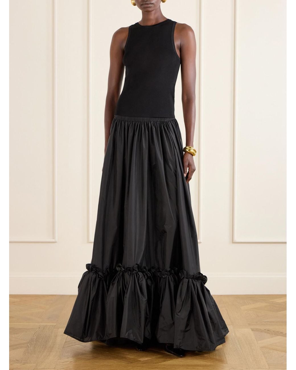 Saint Laurent Black Tiered Ruffled Satin Maxi Skirt