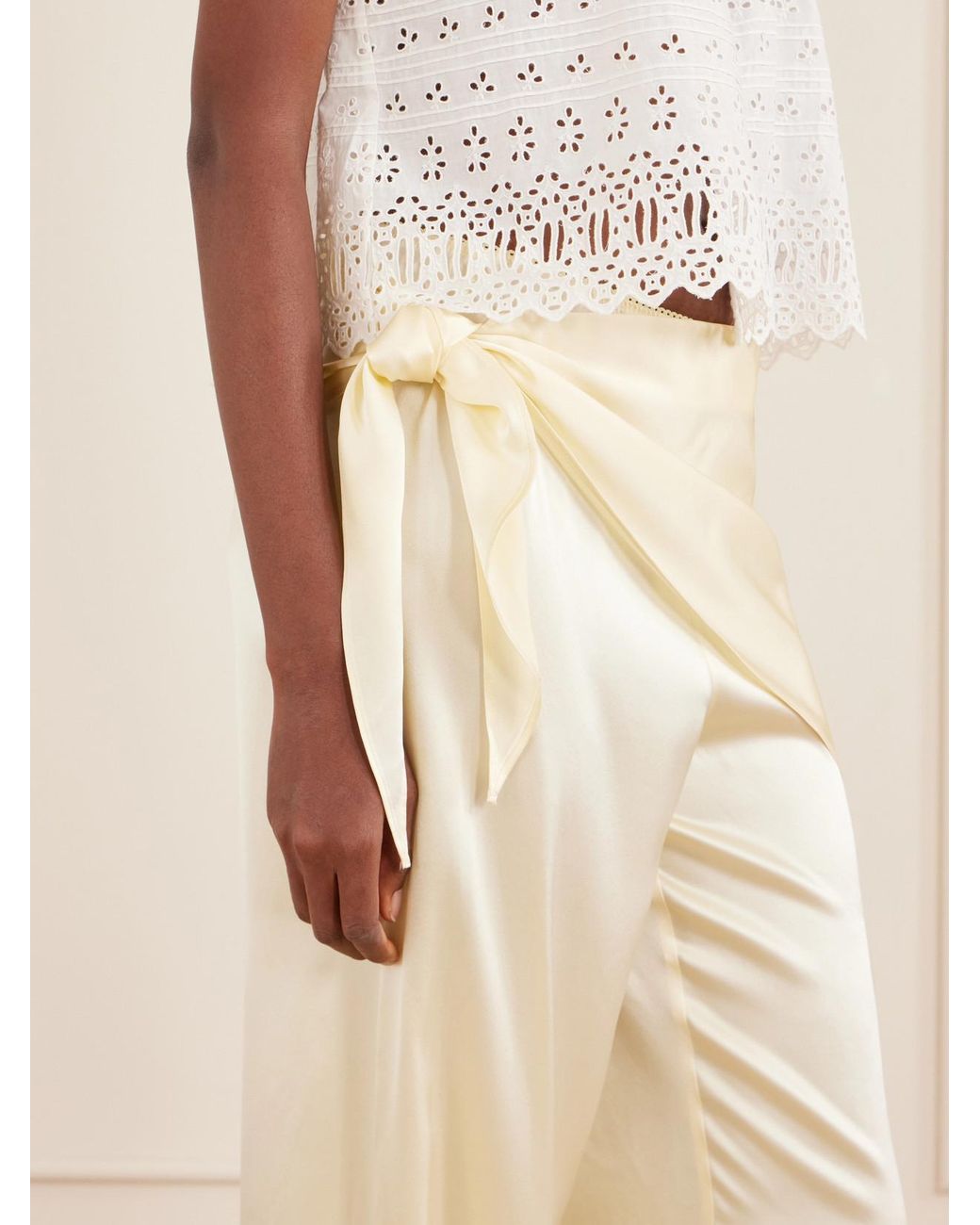 Doen Natural Lavona Tie-Detailed Silk-Satin Wide-Leg Pants