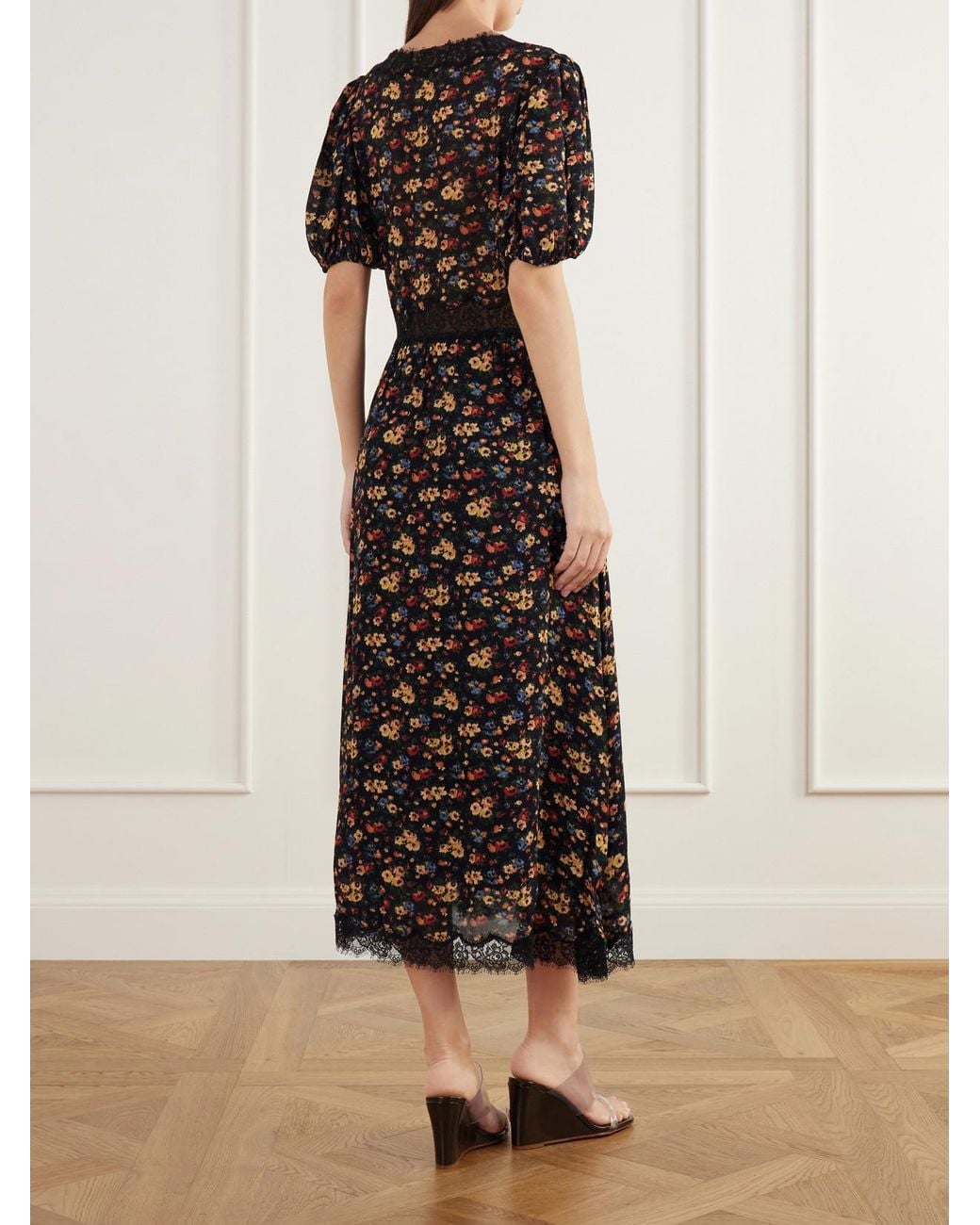 Sea Black Kaiya Floral-Print Lace-Trimmed Crepe De Chine Midi Dress