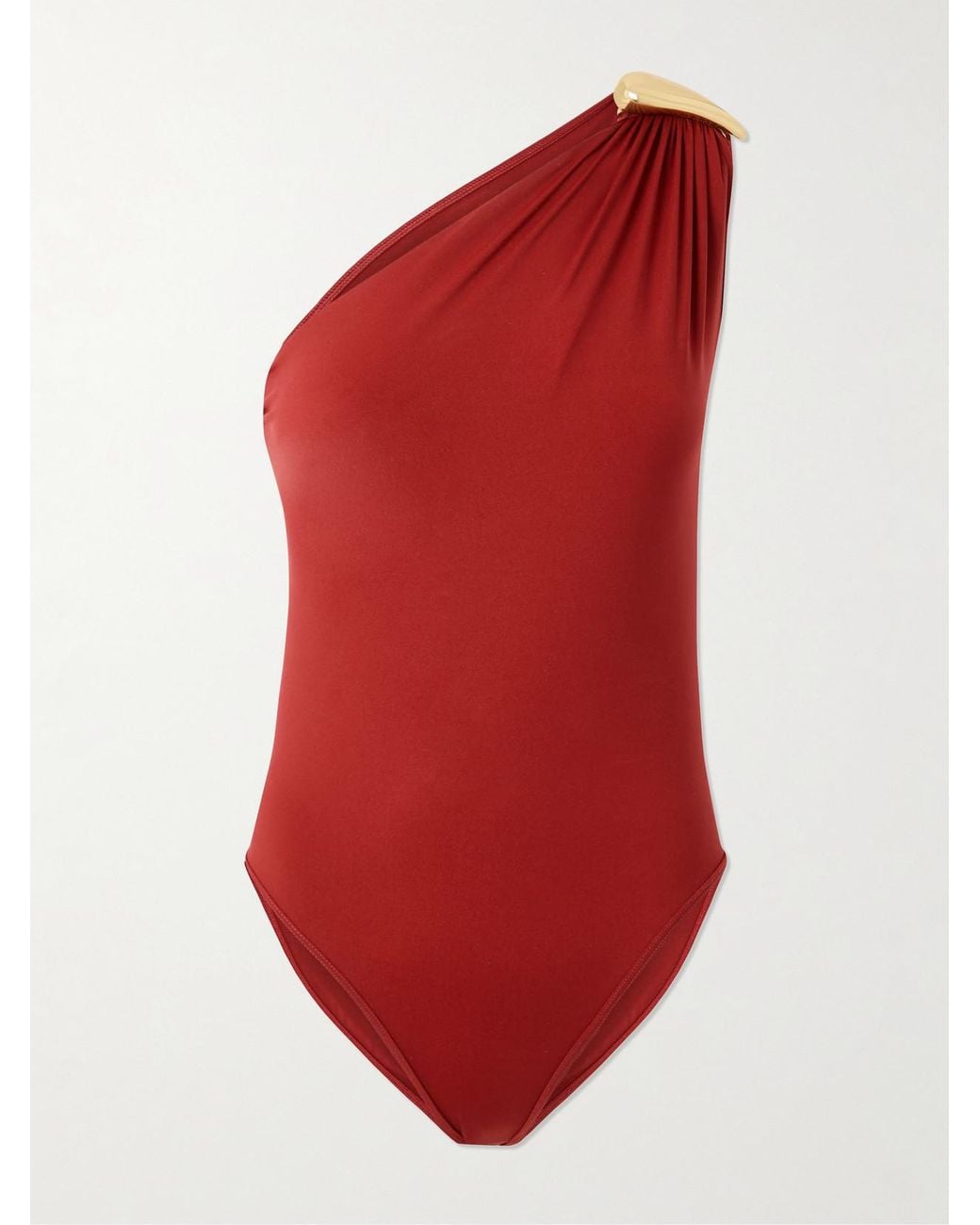 Bottega Veneta Red One-Shoulder Embellished Swimsuit
