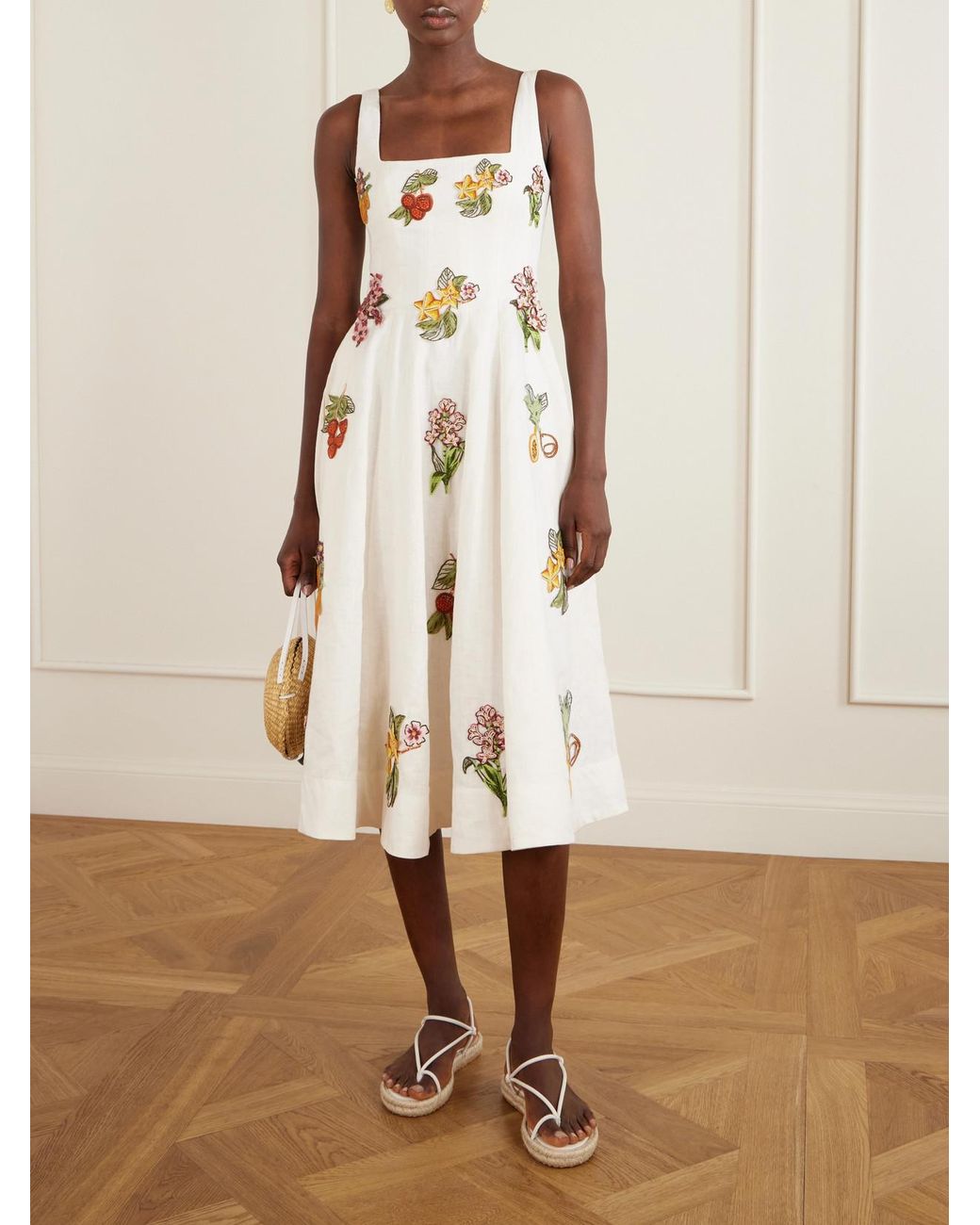 Agua Bendita Natural Frontera Embellished Floral-Appliqué Linen Midi Dress