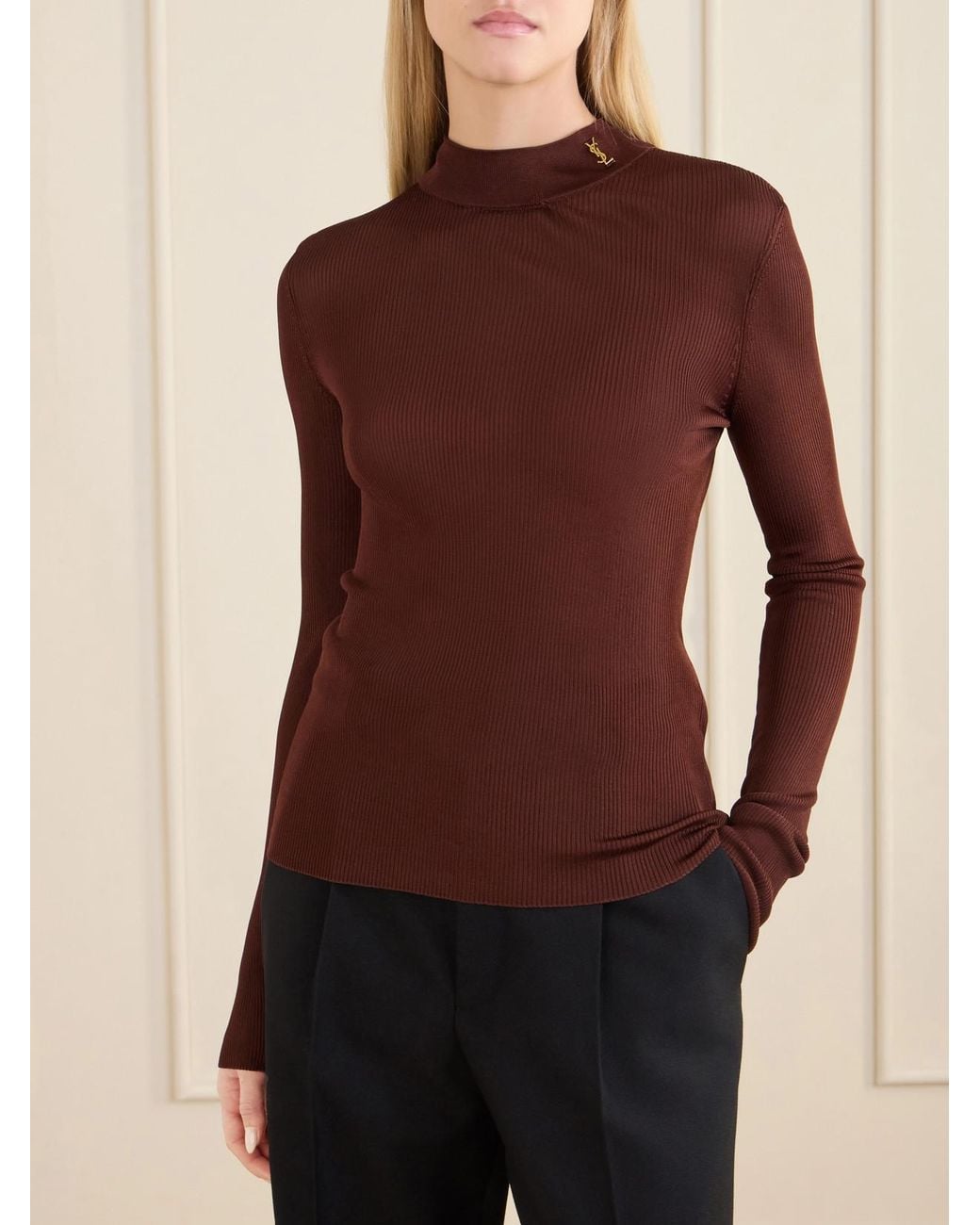Saint Laurent Brown Cassandre-Embellished Ribbed Silk Top