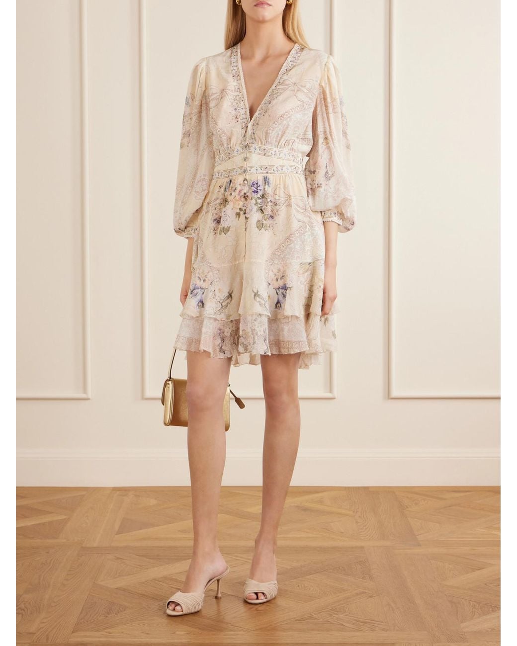 Camilla Natural Printed Embellished Silk-Chiffon Midi Dress
