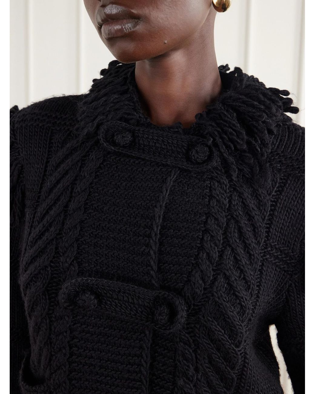 Polo Ralph Lauren Black Fringed Cable-Knit Wool Cardigan