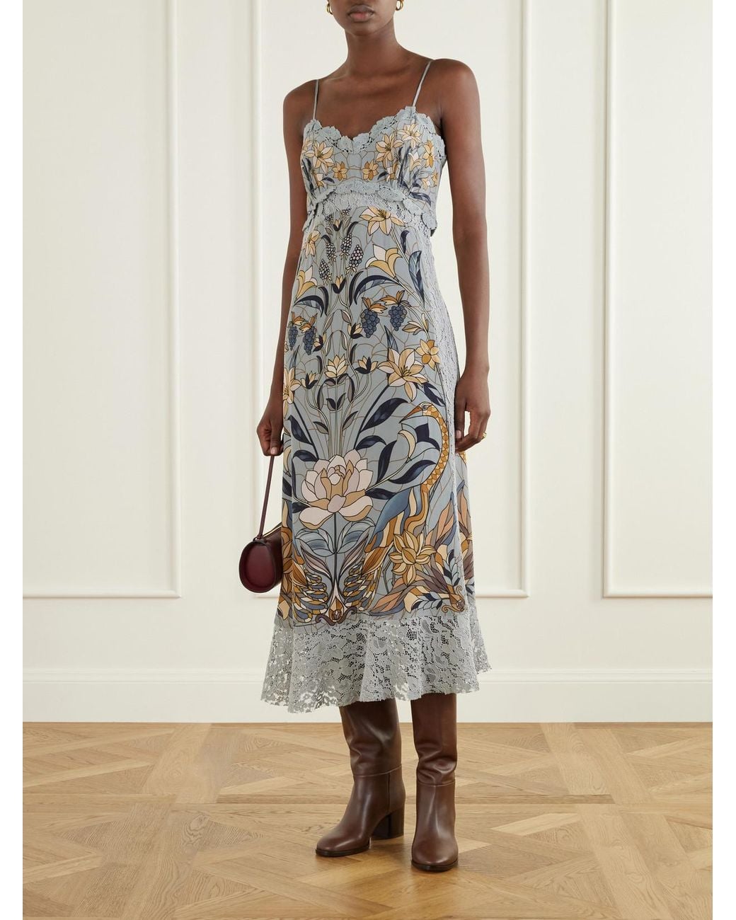 Farm Rio White Stained Glass Beauty Printed Guipure Lace-Trimmed Satin Midi Dress