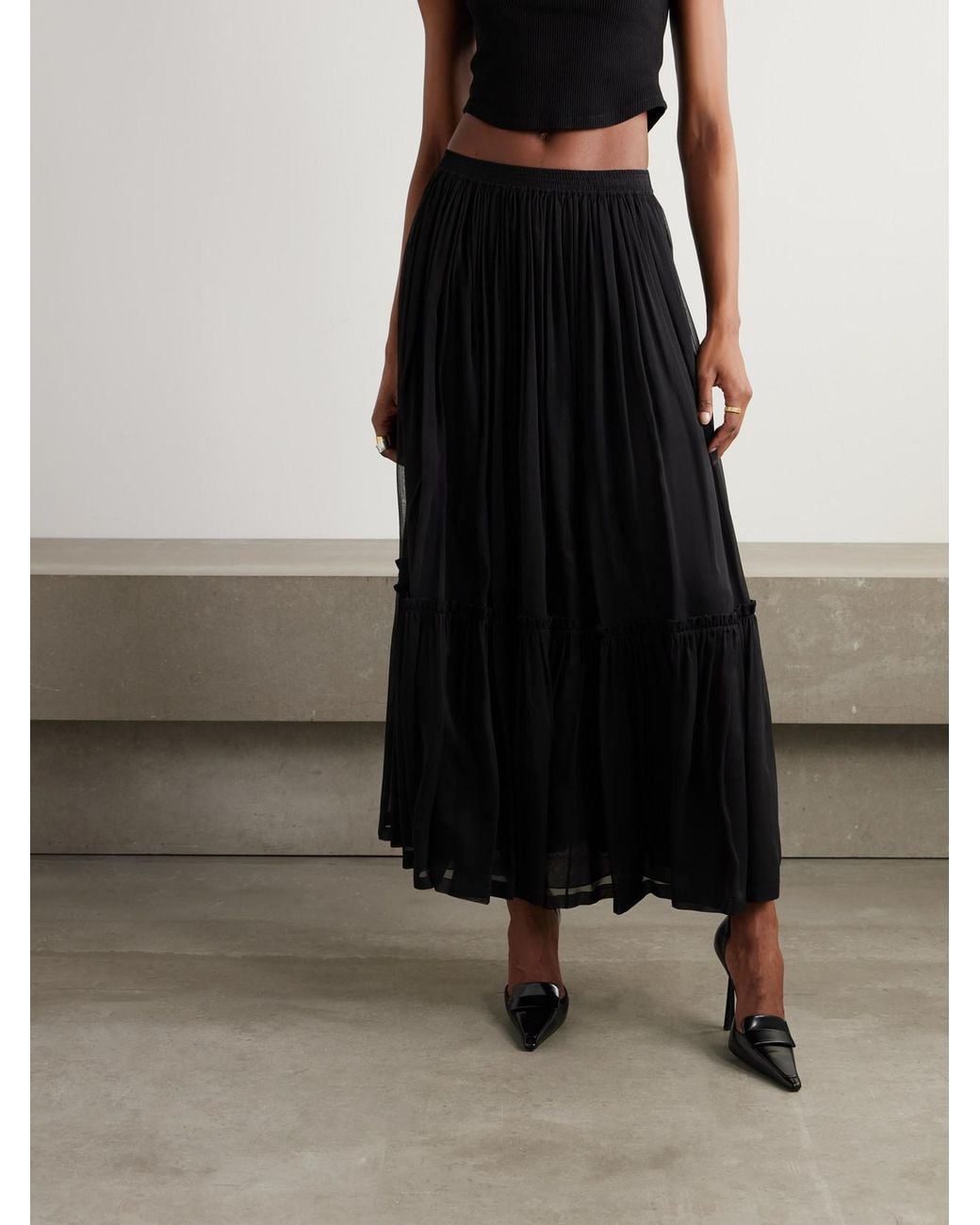 Saint Laurent Black Tiered Gathered Silk-Chiffon Maxi Skirt