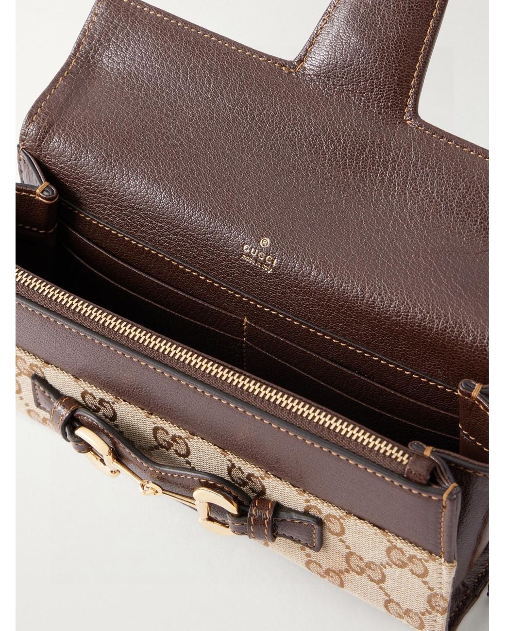 Gucci Natural Ristretto Horsebit Embellished Canvas-Jacquard Shoulder Bag