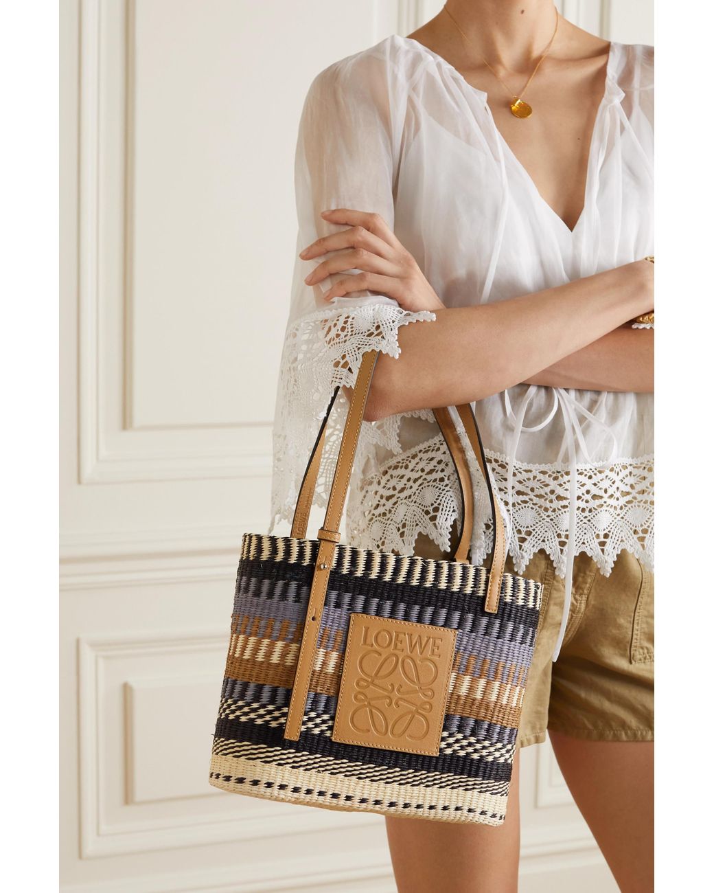 Small Leather Trimmed Basket Tote in Neutrals - Loewe