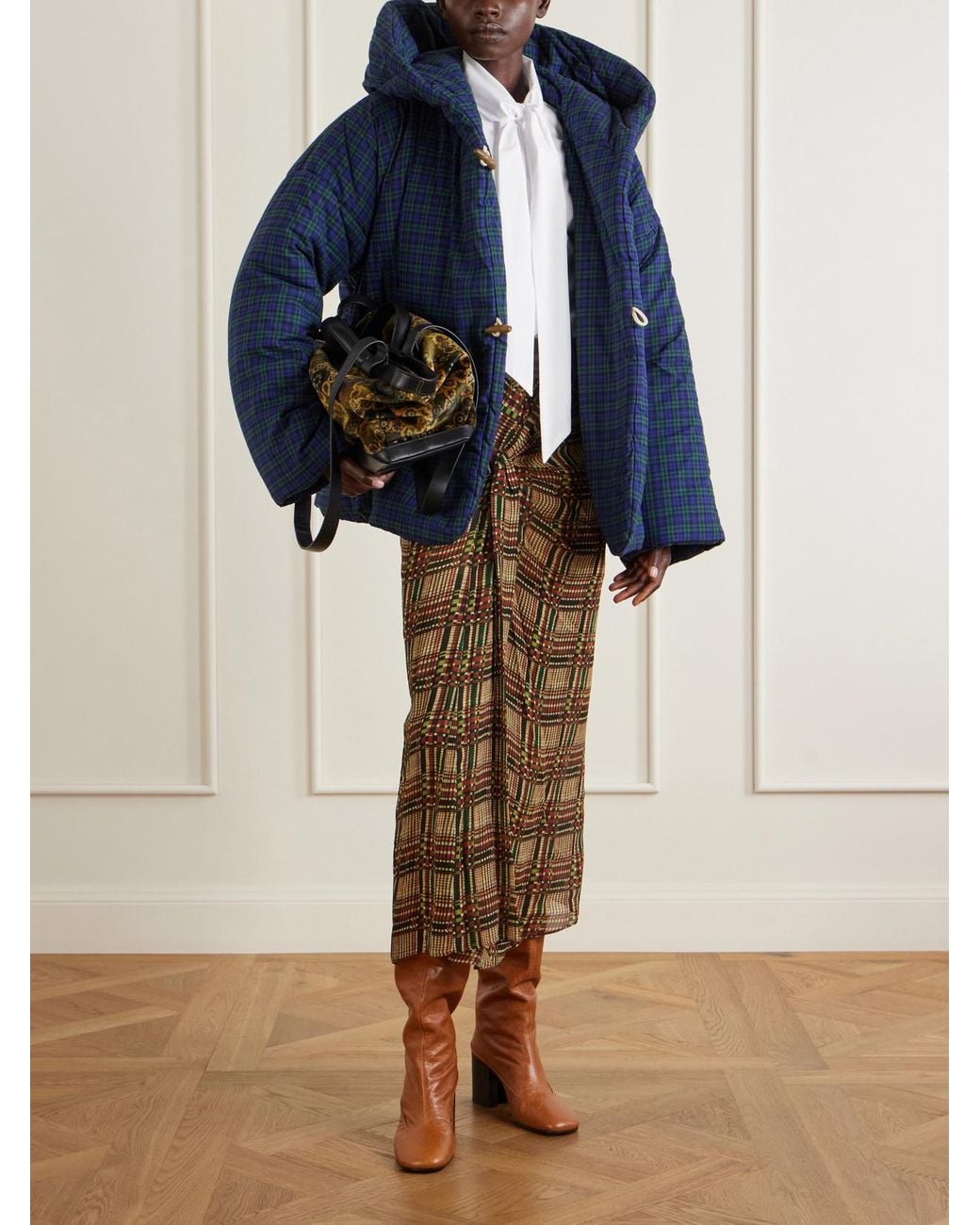 Dries Van Noten Blue Hooded Checked Padded Cotton-Flannel Jacket