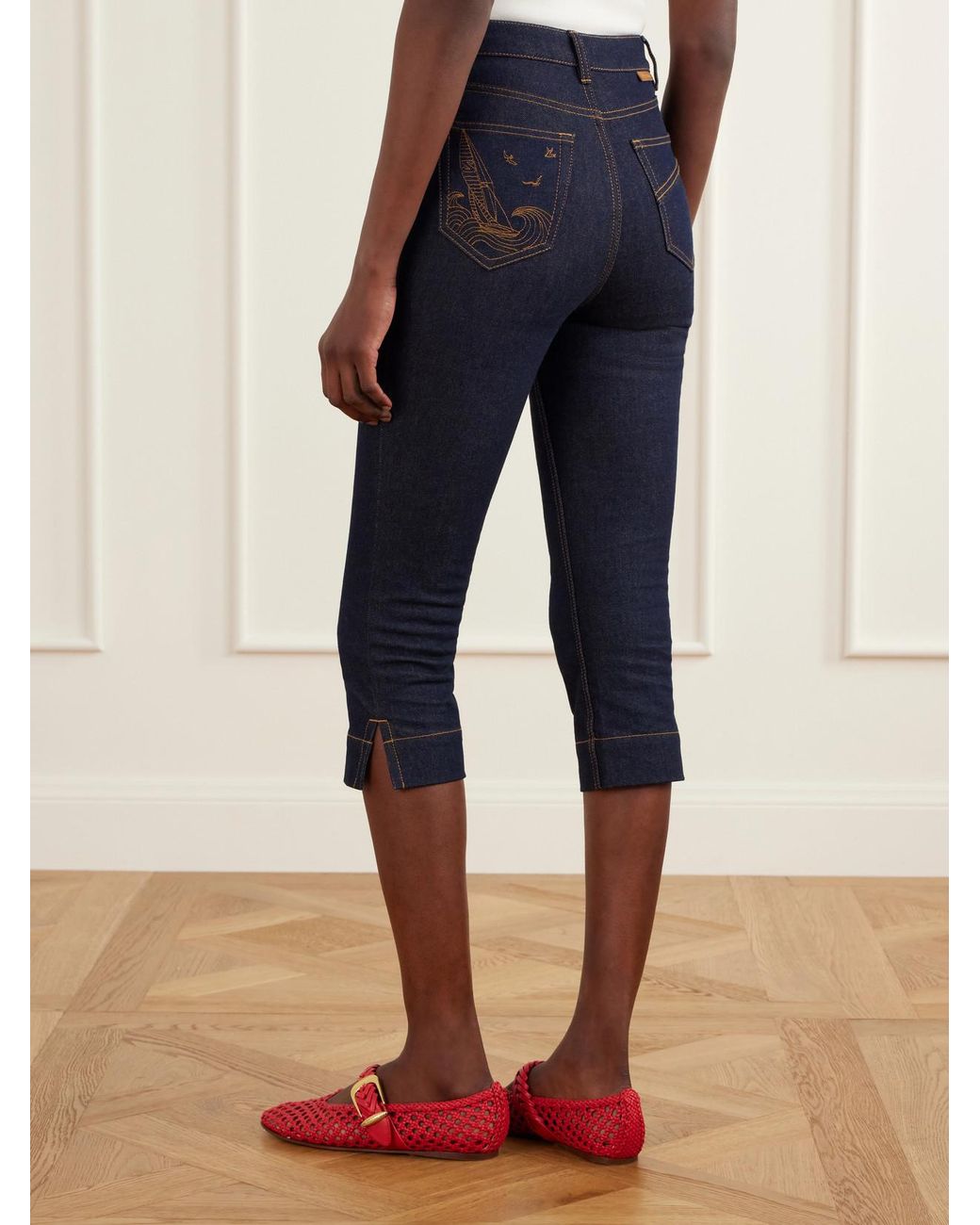 Zimmermann Blue Clash Embroidered High-Rise Slim-Fit Capri Jeans