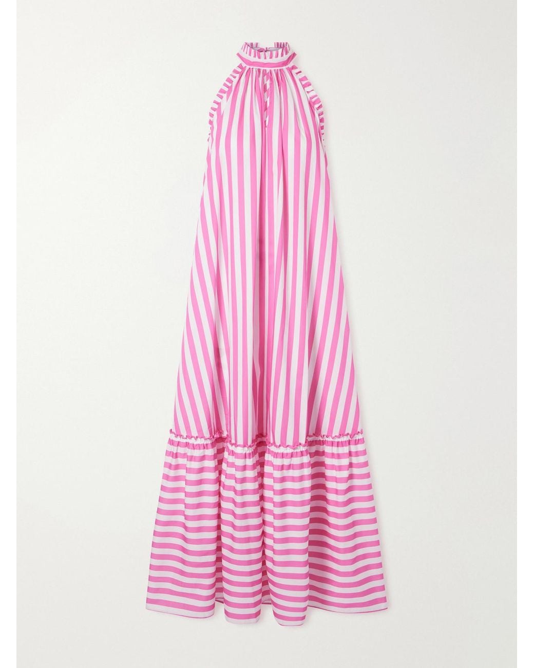 Loretta Caponi Pink Melinda Ruched Striped Cotton-Poplin Halterneck Maxi Dress