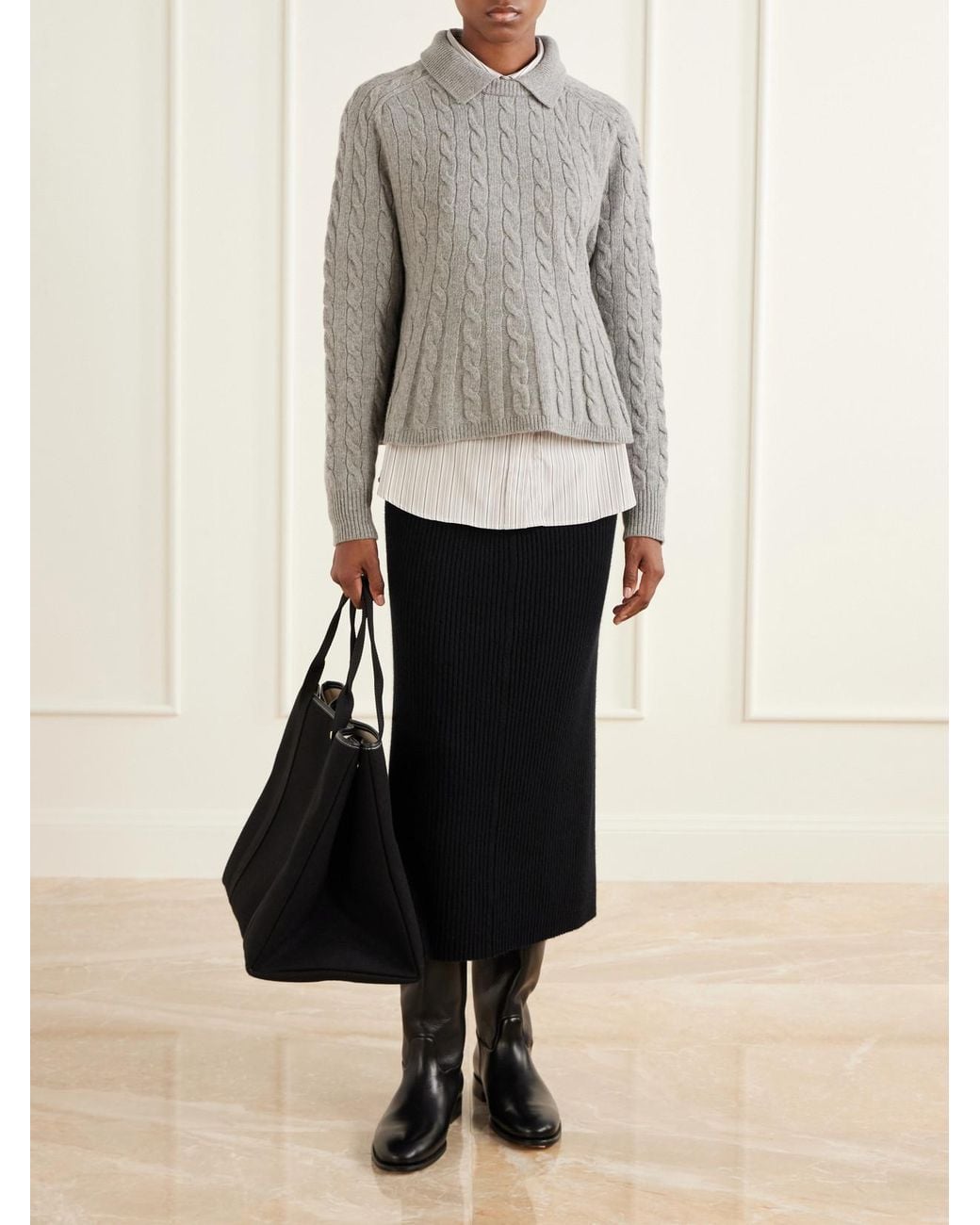 Polo Ralph Lauren Gray Cable-Knit Wool And Cashmere-Blend Peplum Sweater