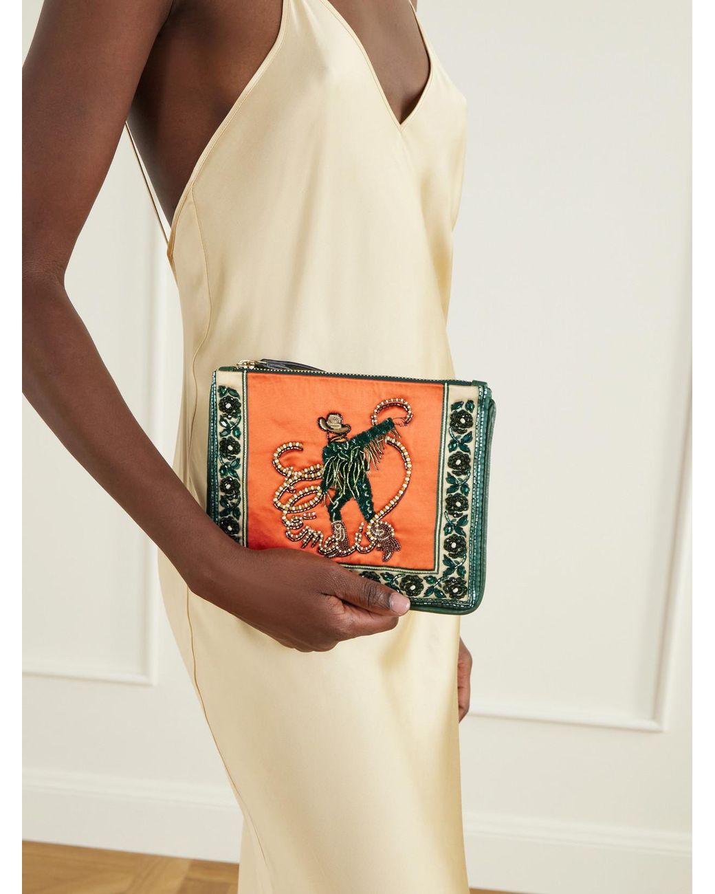 ALÉMAIS Red Ace Embellished Leather-Trimmed Satin Clutch