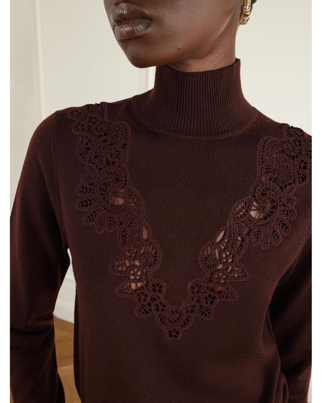Zimmermann Brown Valiant Lace-Trimmed Wool Turtleneck Sweater