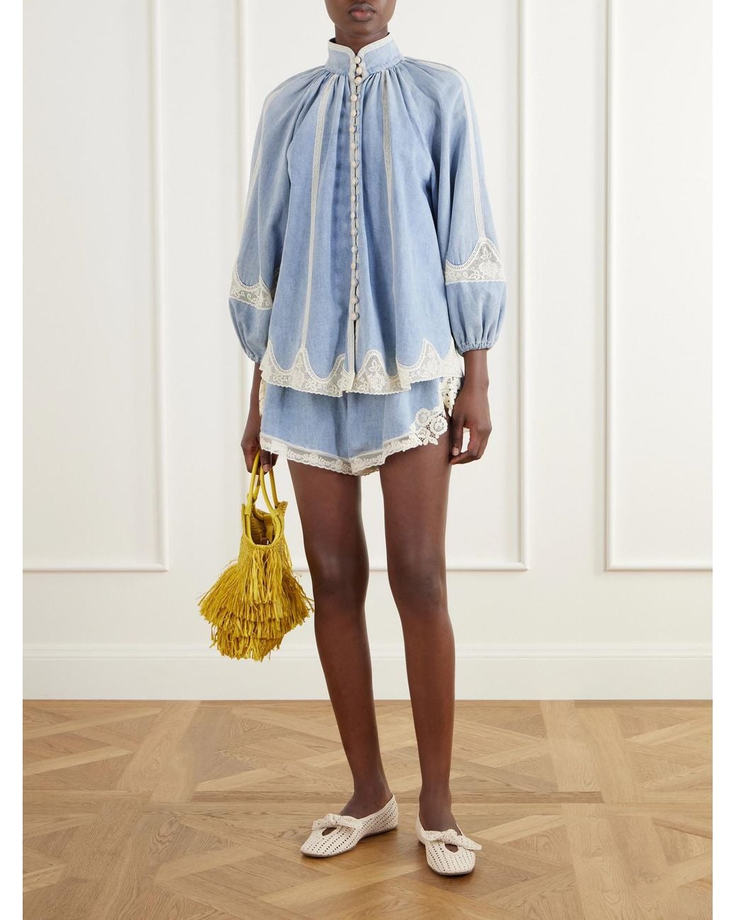 Zimmermann Blue Fairlight Lace-Trimmed Denim Blouse