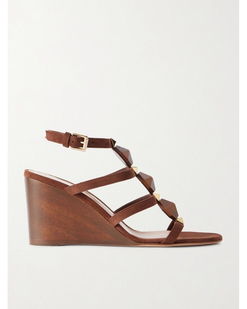 Gianvito Rossi Brown 70 Embellished Wood-Trimmed Suede Wedge Sandals