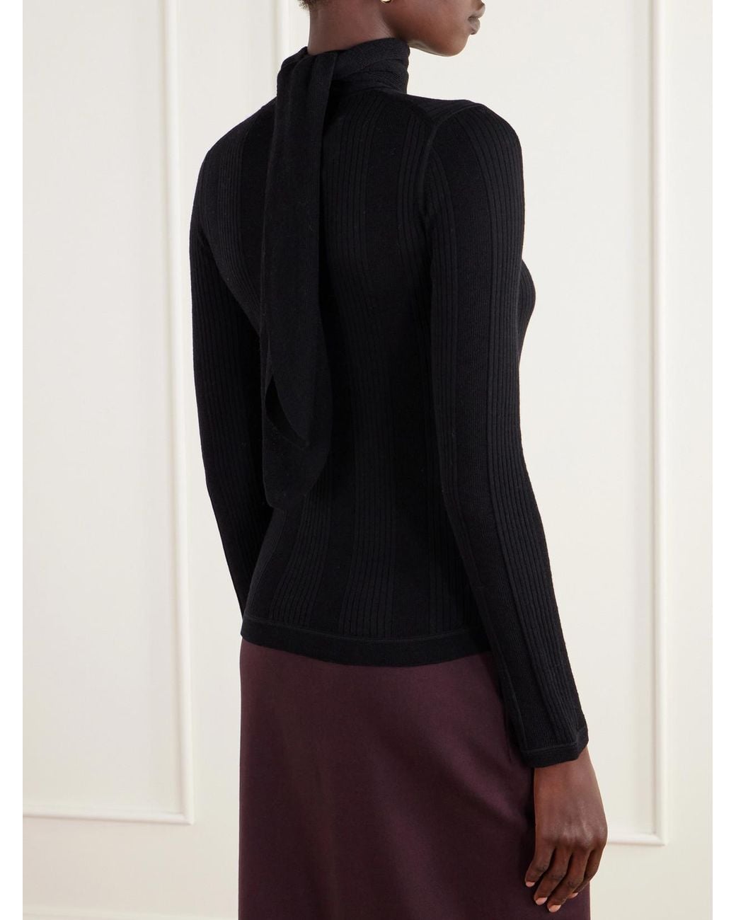 Tory Burch Black Scarf-Detailed Ribbed Wool Sweater