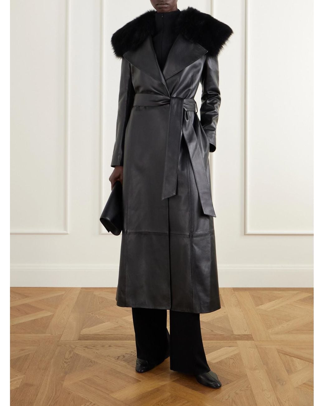 TOVE Black Rosa Belted Paneled Shearling-Trimmed Leather Wrap Coat