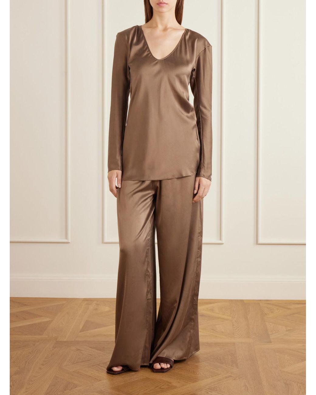 Ruohan Brown Silk-Blend Wide-Leg Pants