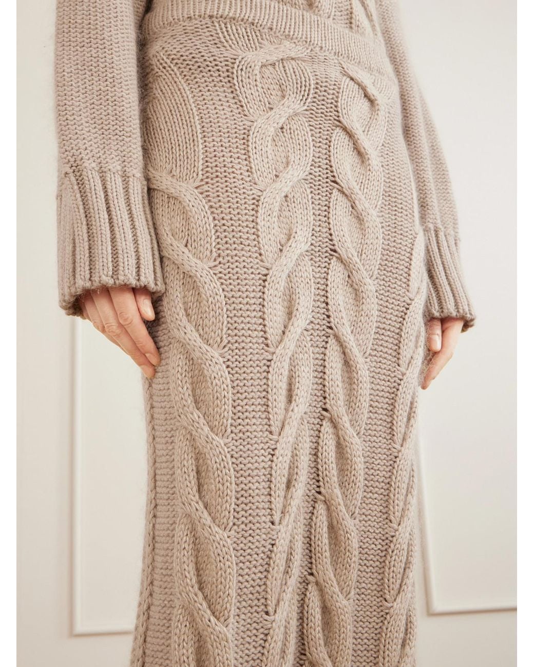 Khaite Natural Ziva Cable-Knit Cashmere, Mohair And Silk-Blend Midi Skirt