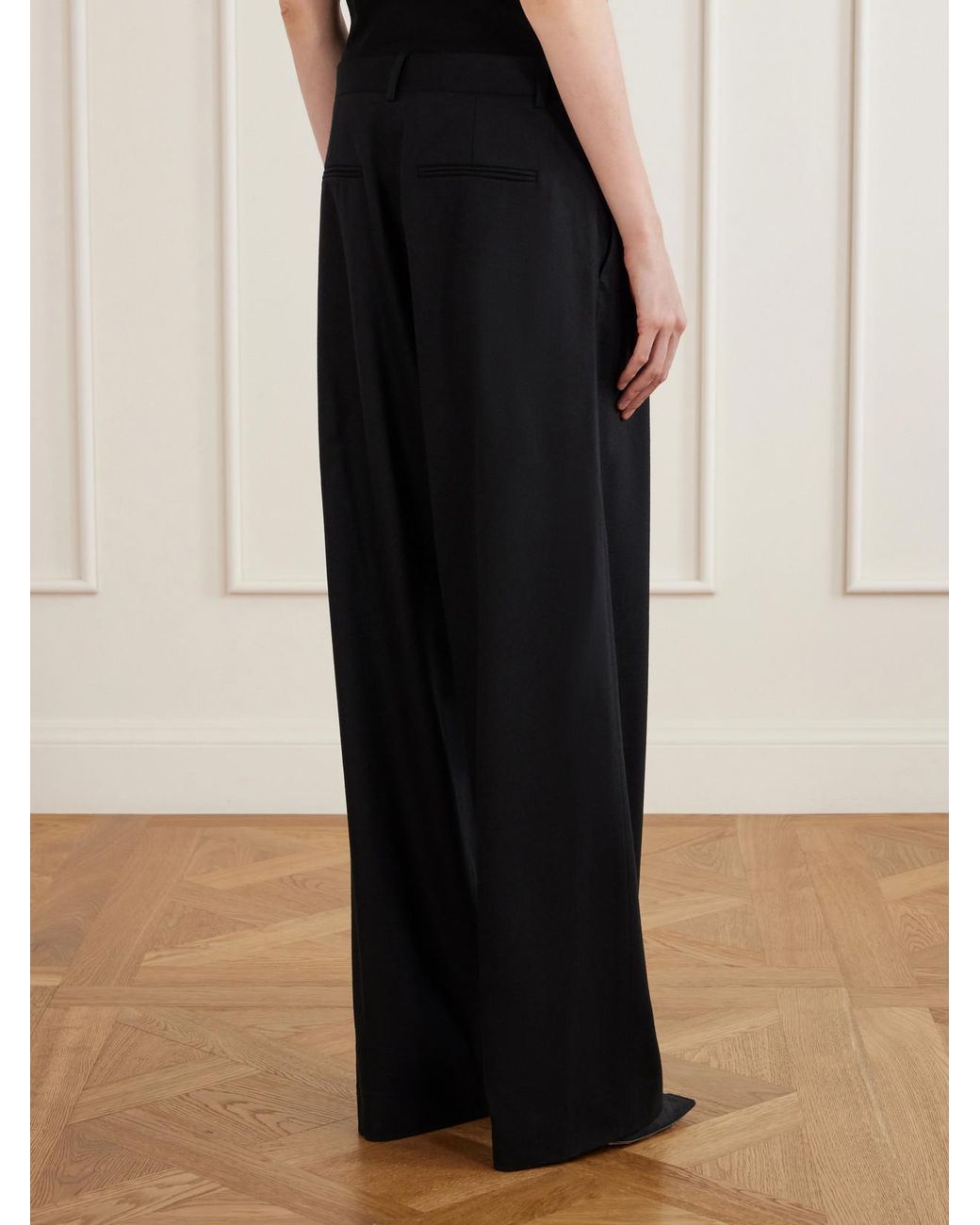 Khaite Black August Pleated Wool-Blend Flannel Straight-Leg Pants