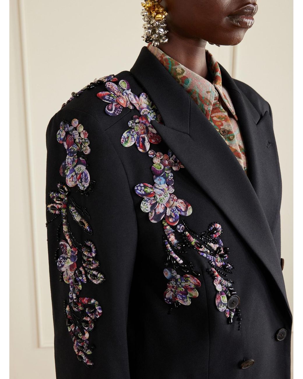 Dries Van Noten Black Embellished Double-Breasted Wool-Twill Blazer