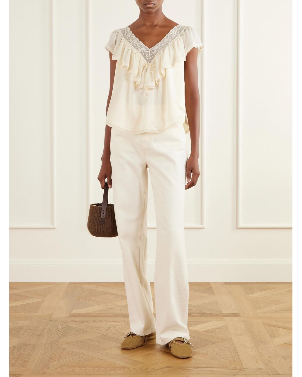 Doen Natural Yadira Ruffled Lace-Trimmed Silk Blouse