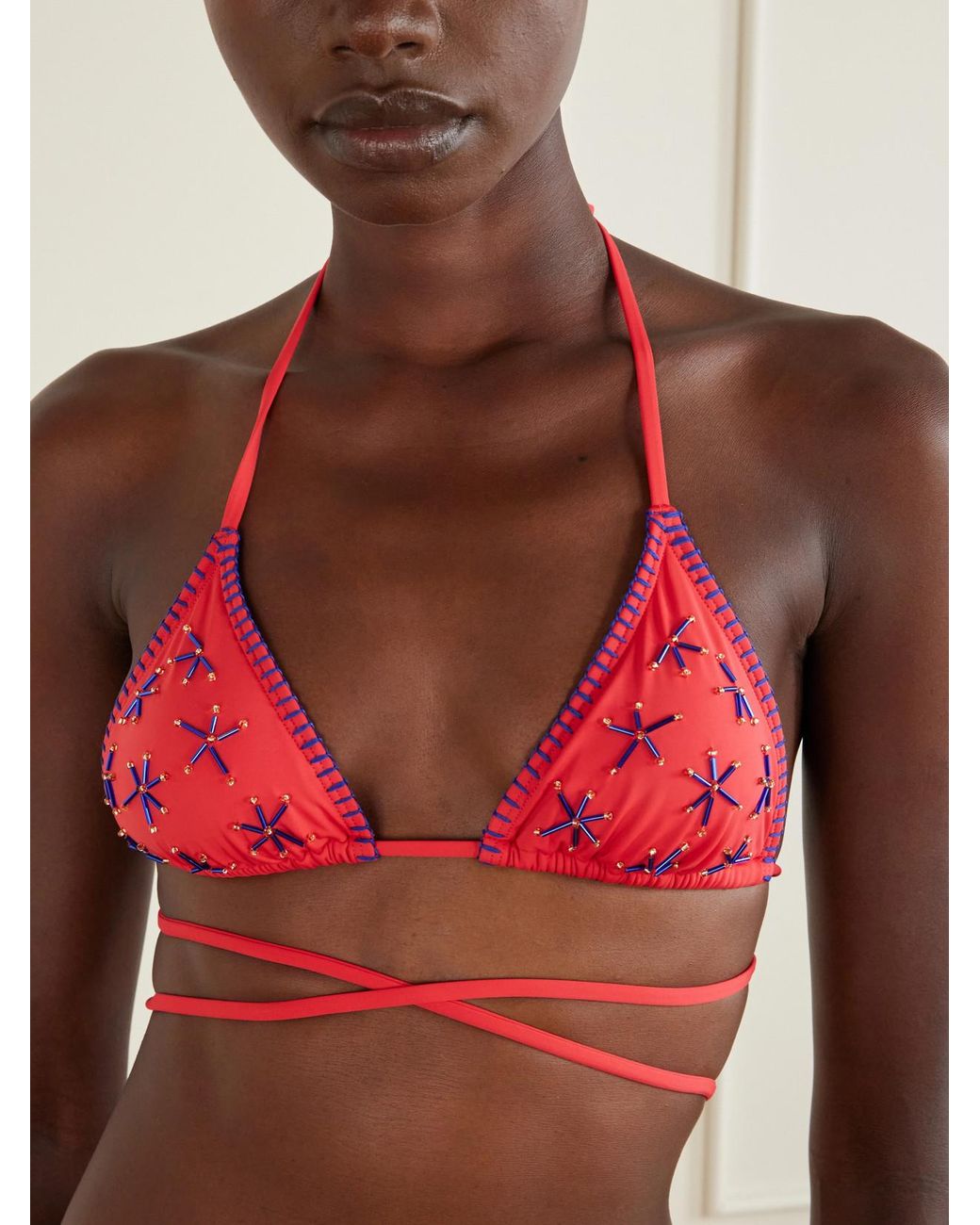 Staud Red Lido Bead-Embellished Triangle Bikini Top
