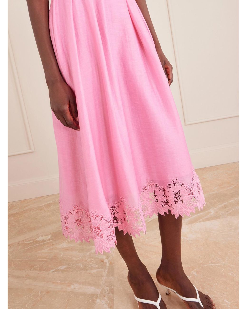 Rebecca Vallance Pink Petalite Belted Broderie Anglaise-Trimmed Poplin Midi Dress