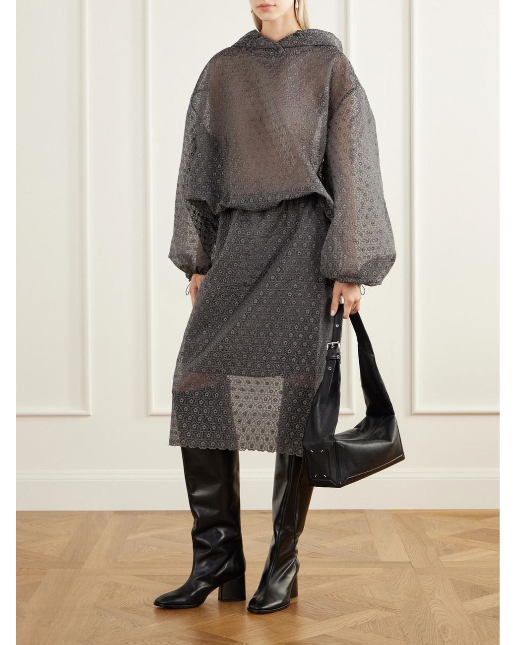 CECILIE BAHNSEN Gray Shila Hooded Drawstring Cotton-Blend Floral-Lace Jacket