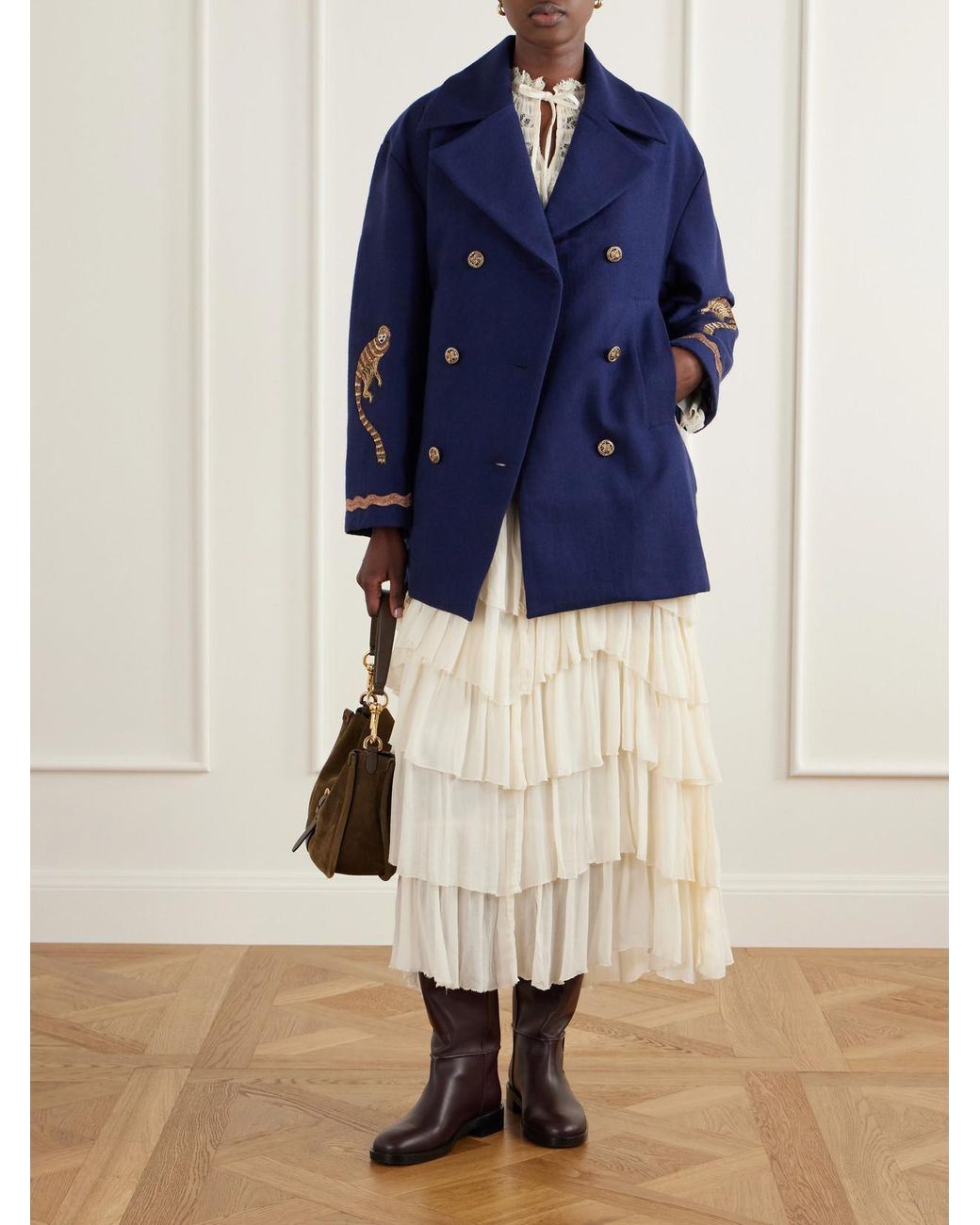 Alix Of Bohemia Blue Rivoli Embroidered Double-Breasted Wool-Twill Coat