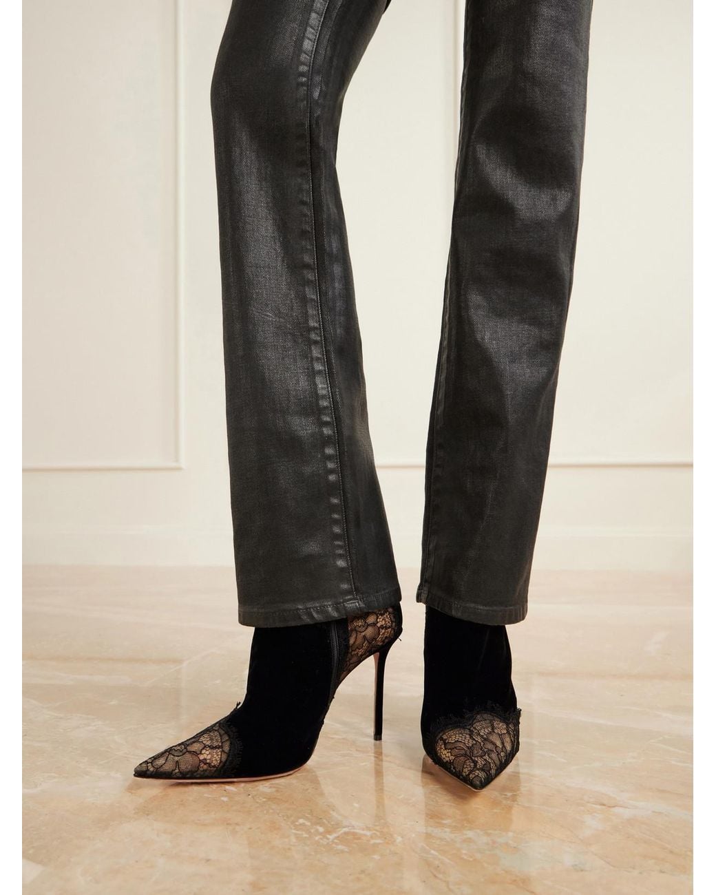 Aquazzura Black Velvet Meadow Bootie 105 Lace-Trimmed Velvet Ankle Boots
