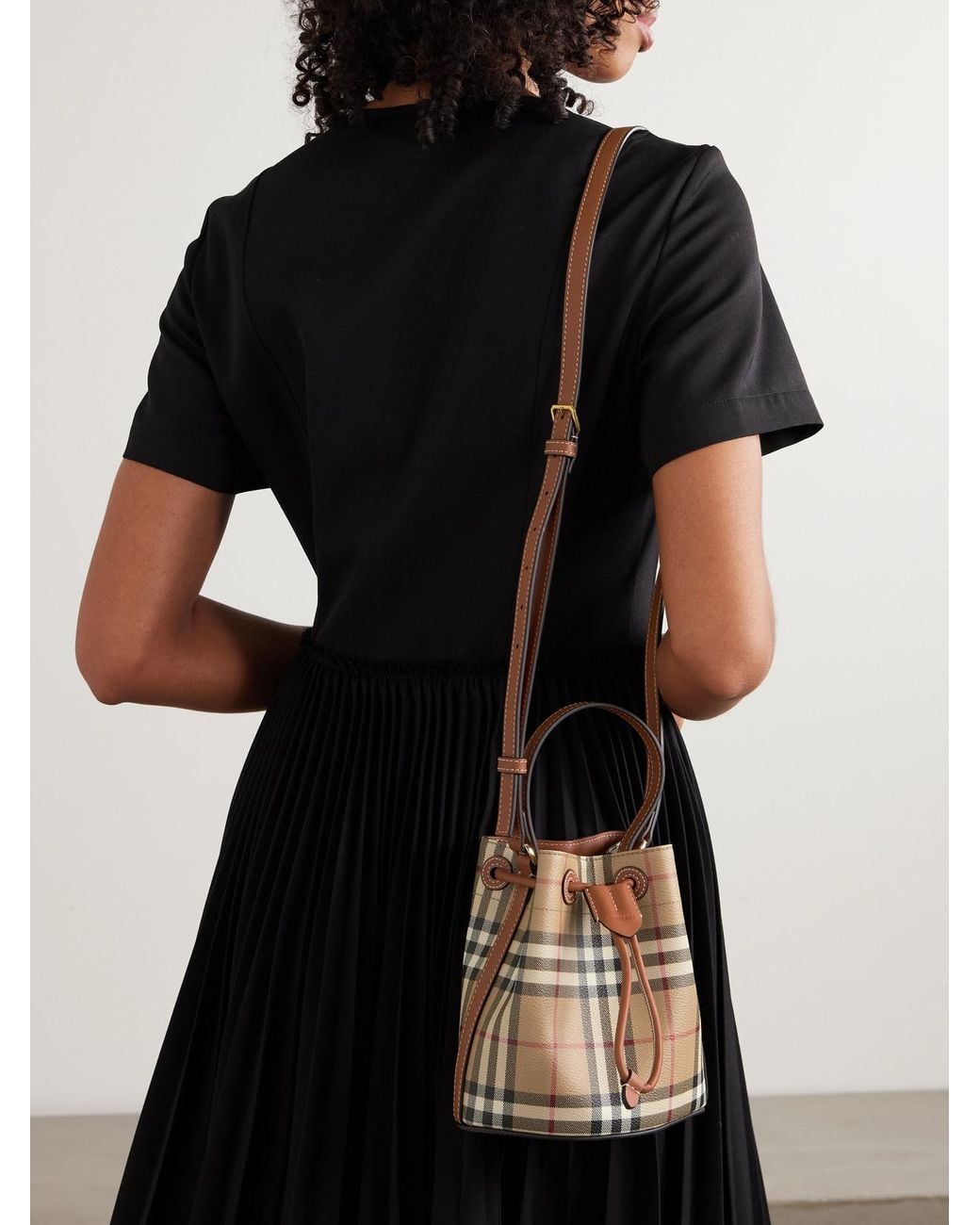 Burberry Natural Mini Leather-Trimmed Checked Bucket Bag