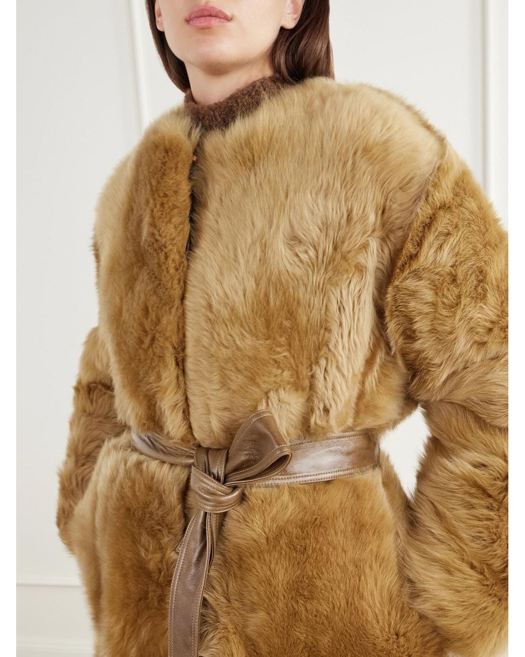 FFORME Natural Demi Reversible Belted Collarless Shearling Coat