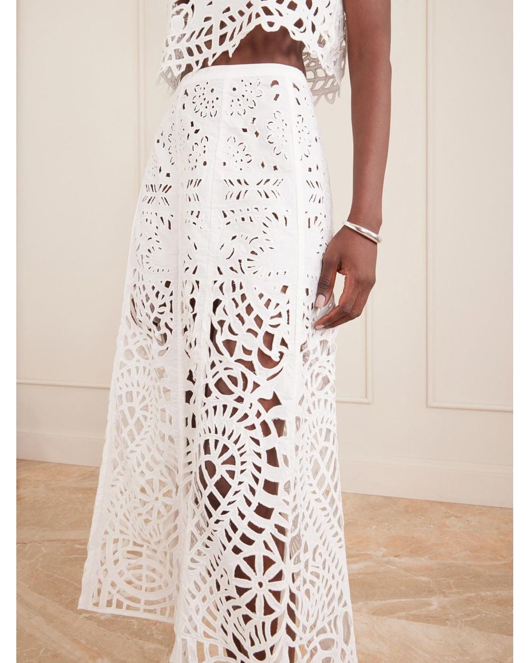 Emporio Sirenuse White Rita Brisé Embroidered Cotton Midi Skirt