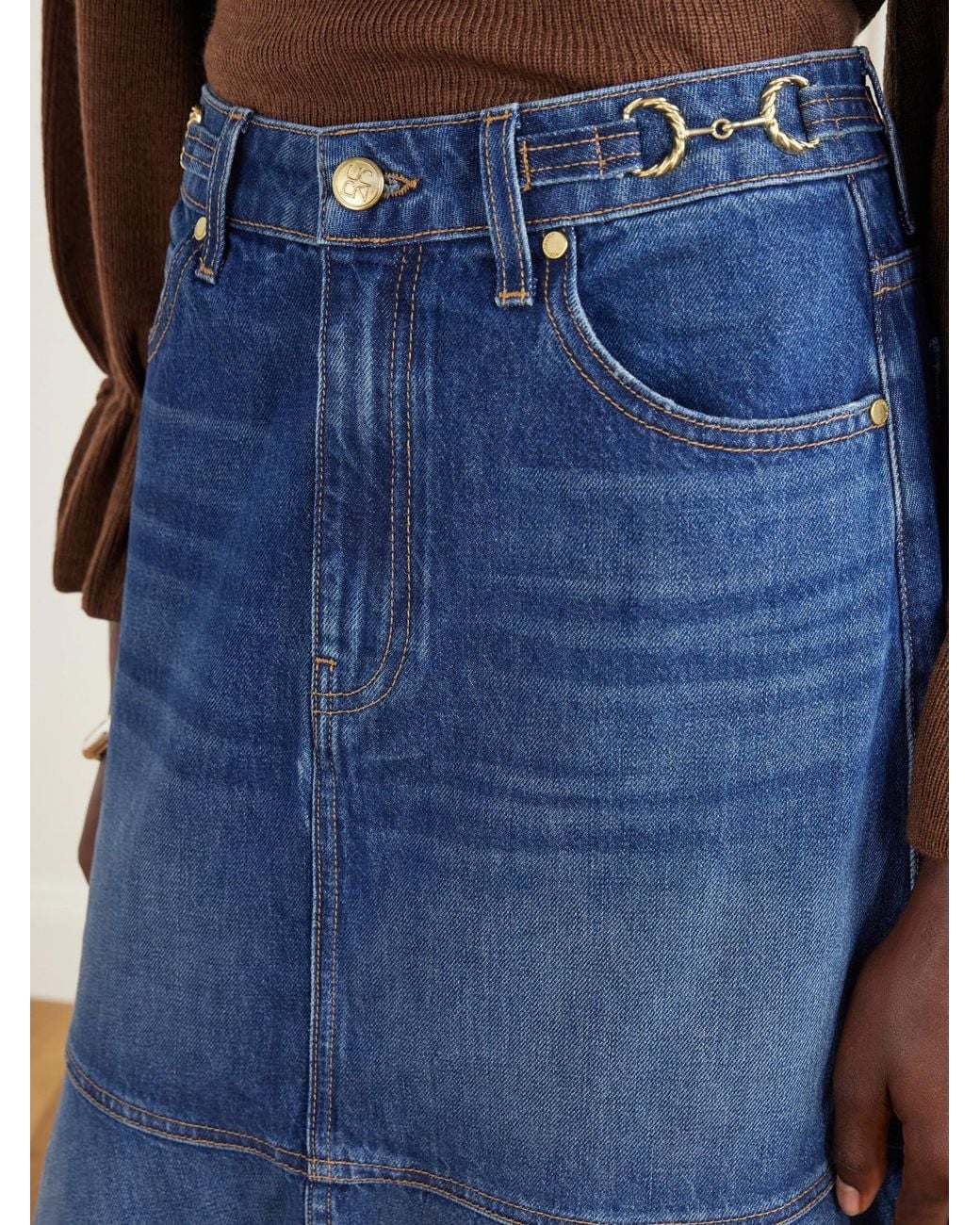 Ulla Johnson Blue The Madelyn Embellished Paneled Denim Maxi Skirt