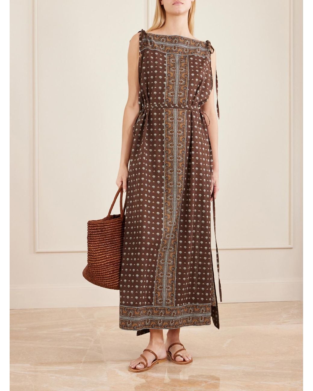 Doen Brown Amarante Belted Printed Organic Cotton-Voile Midi Dress