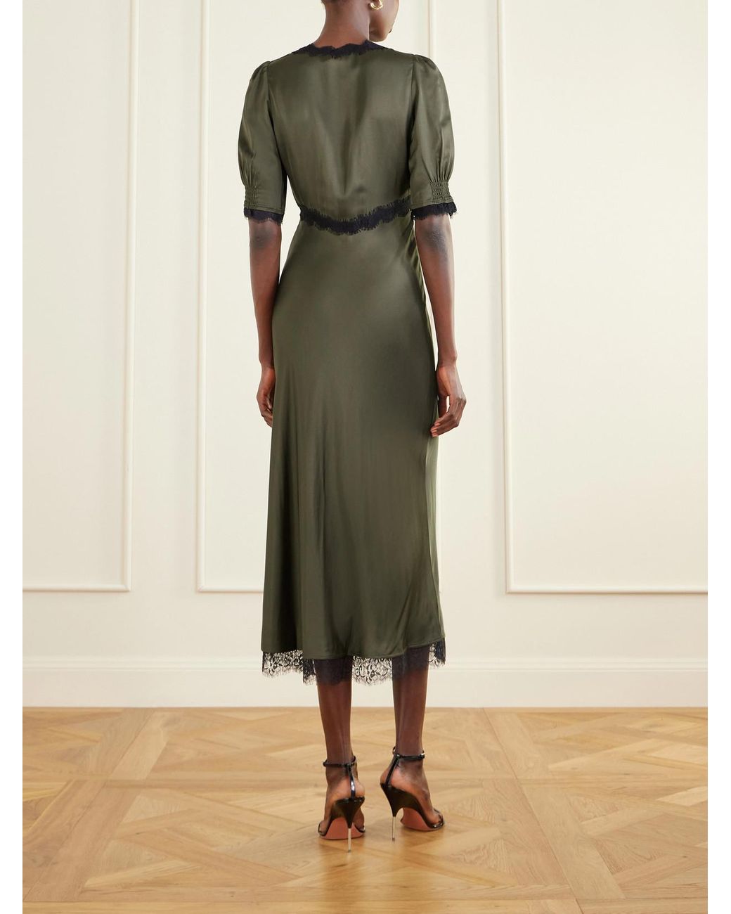 RIXO London Annina Lace-Trimmed Satin Midi Dress in Green | Lyst