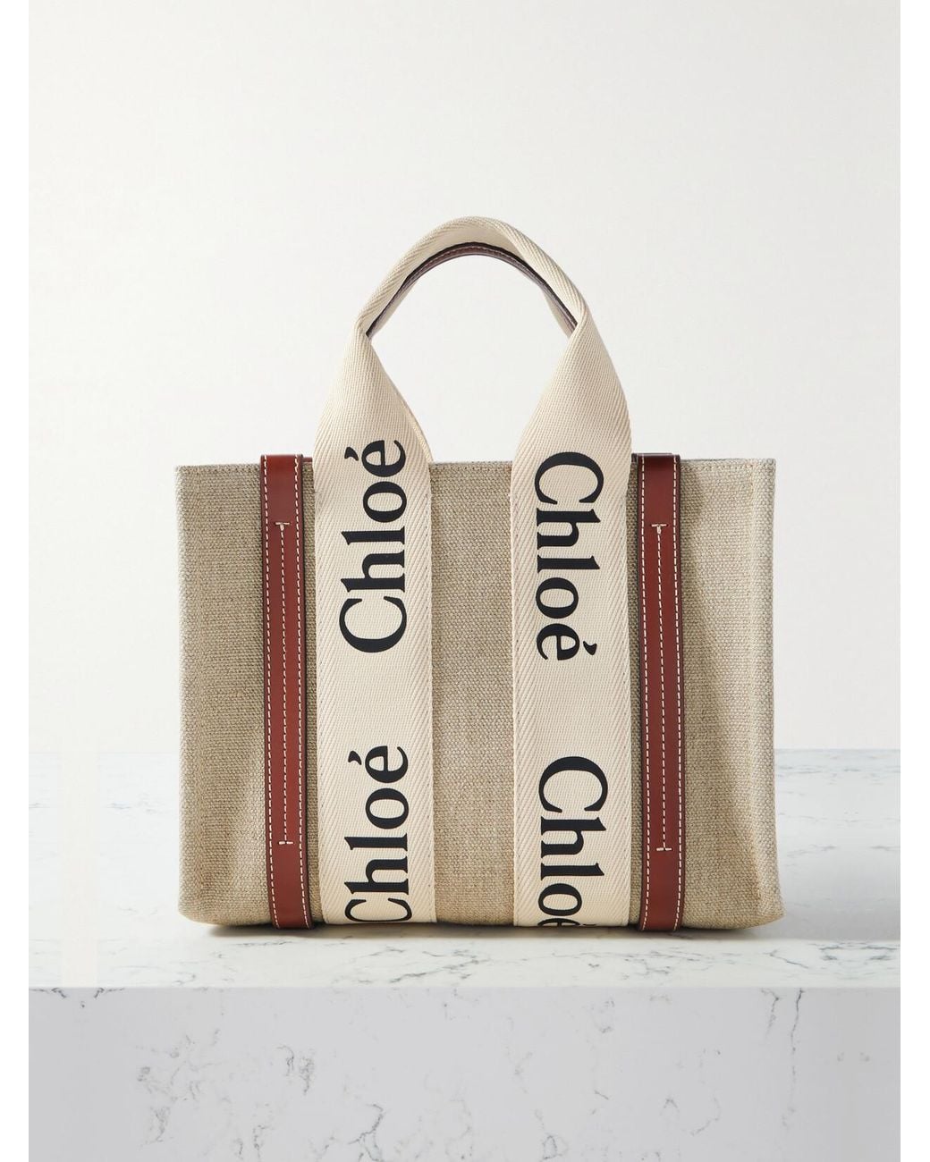 Chloé Natural Net Sustain Woody Small Embroidered Leather-Trimmed Linen Tote