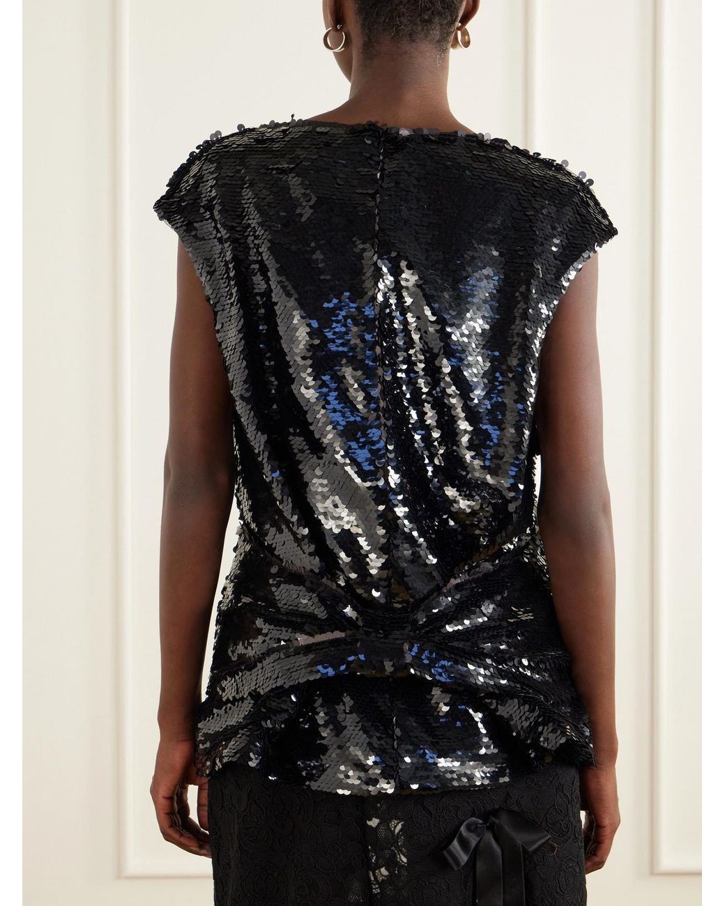 Simone Rocha Black Bow-Detail Sequin-Embellished Mesh Blouse